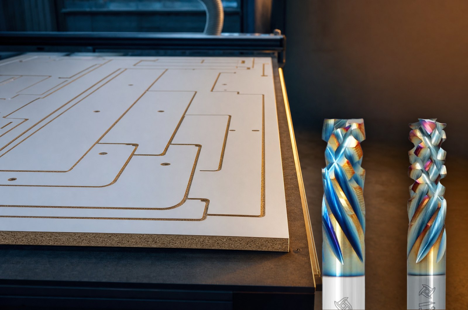 ITA Tools X99 compression router bits next to a melamine-faced board on a CNC nesting table (illustration)